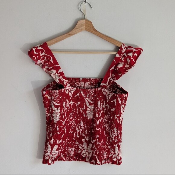 Old Navy Red Floral Ruffle Trim Smocked Square Neck Blouse Top - Picture 3 of 7